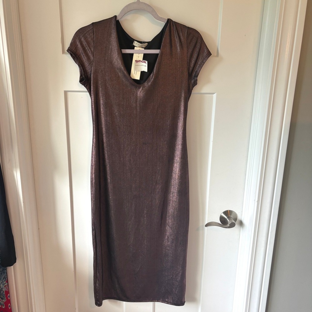 See You Monday Metallic Bronze V-Neck Short Sleeve Midi Sheath Dress Large NWT